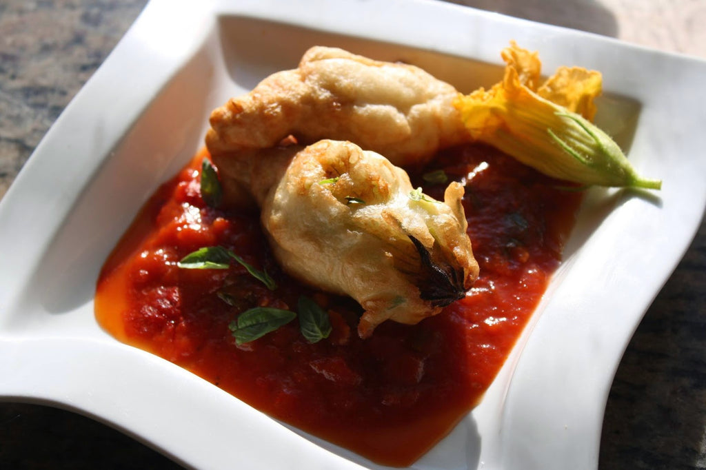 Crab Stuffed Squash Blossoms Fried in Olive Oil